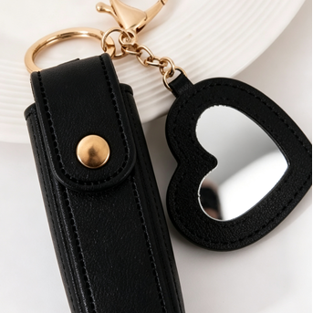 PU Leather Heart Mirror Keychain - Cute Mini Makeup Mirror Pendant for Keys & Bags
