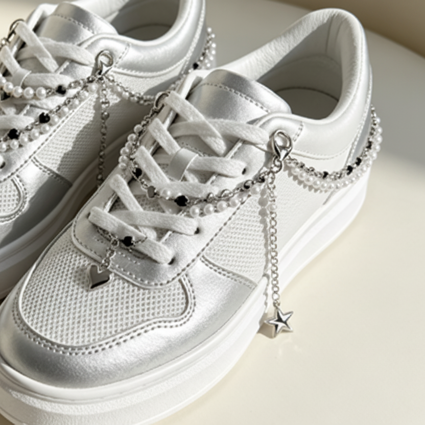 Pearl & Star Chain Shoe Charm - Punk Style Shoelace Chain for Sneakers & Casual Shoes