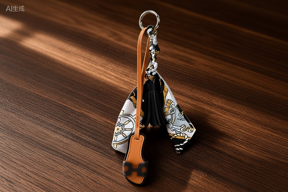 Silk Scarf & Leather Bag Charm - Fashion Keychain Pendant with Tassel & H Hardware