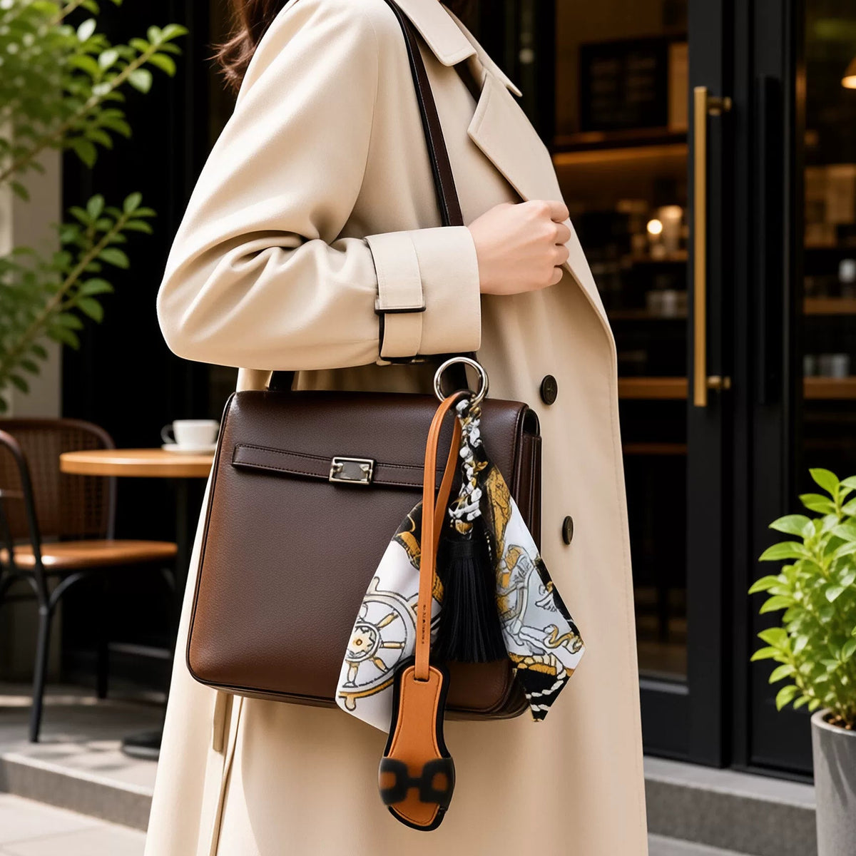 Silk Scarf & Leather Bag Charm - Fashion Keychain Pendant with Tassel & H Hardware