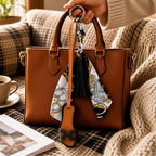 Silk Scarf & Leather Bag Charm - Fashion Keychain Pendant with Tassel & H Hardware