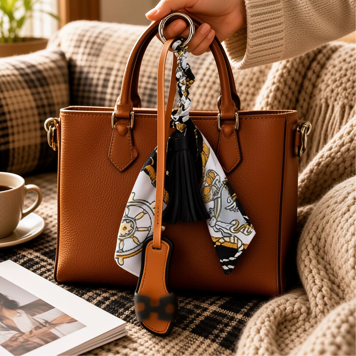 Silk Scarf & Leather Bag Charm - Fashion Keychain Pendant with Tassel & H Hardware