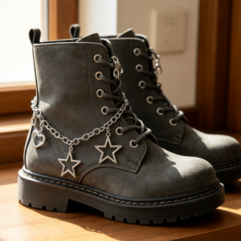 Silver Star & Heart Chain Shoe Charm - Punk Style Boot Chain for Boots & Casual Shoes